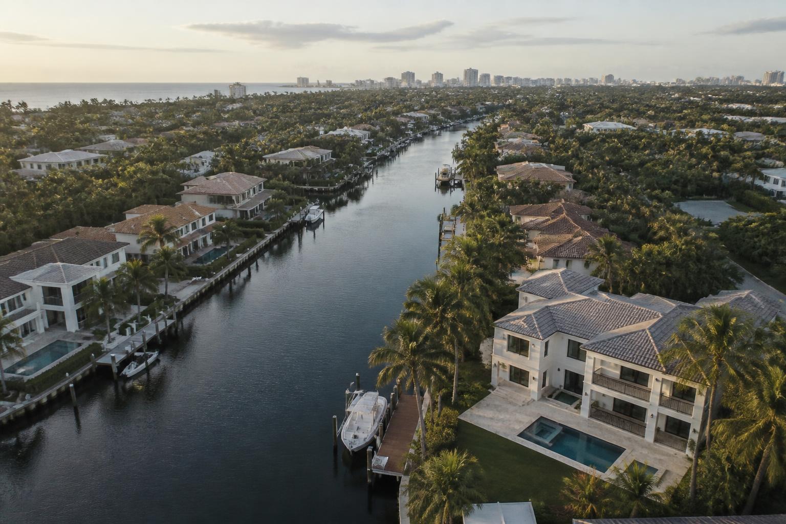 Aerial view of a South Florida waterfront residential neighborhood